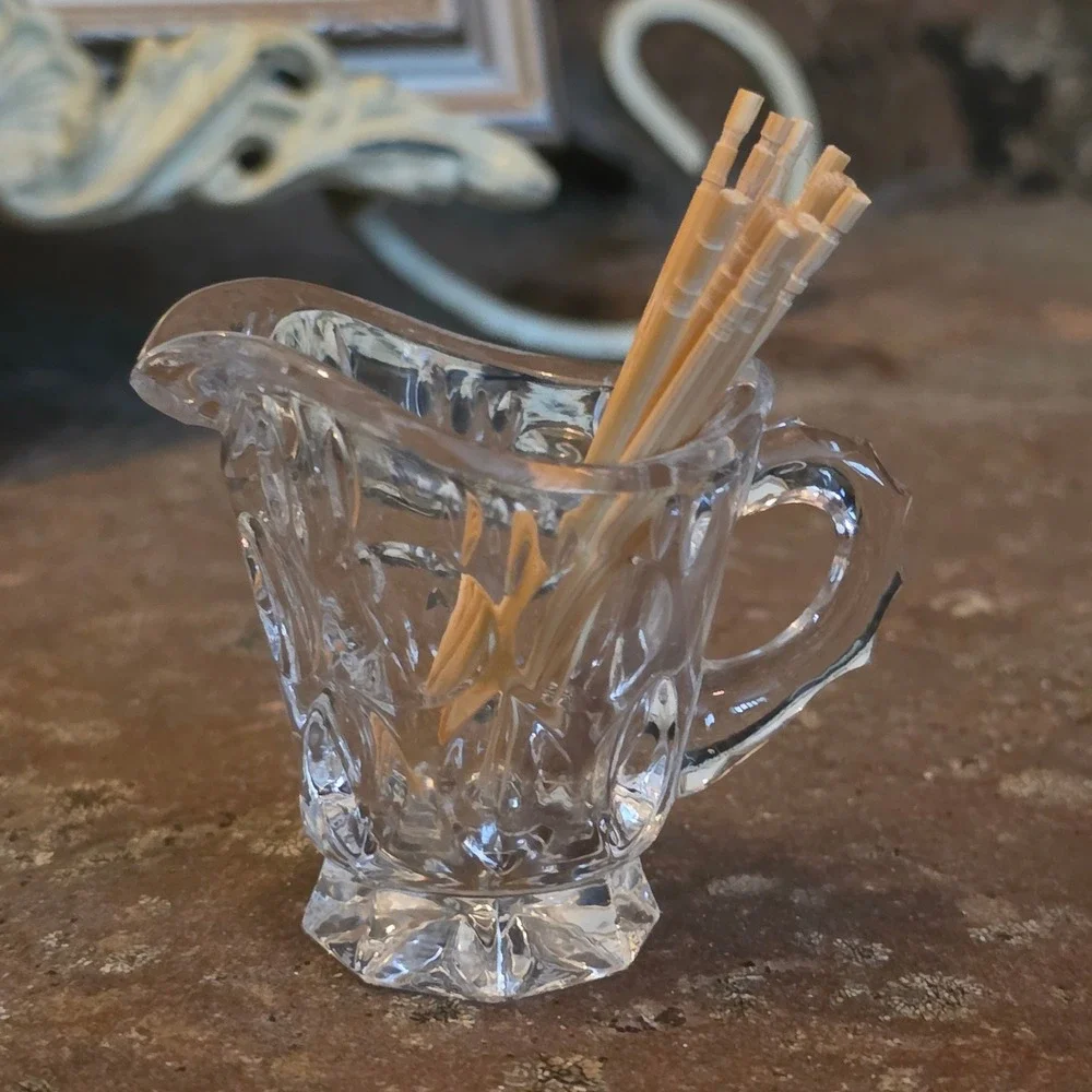 Vintage Miniature Pressed Glass Creamer Pitcher Thumbprint Toothpick Holder 2in